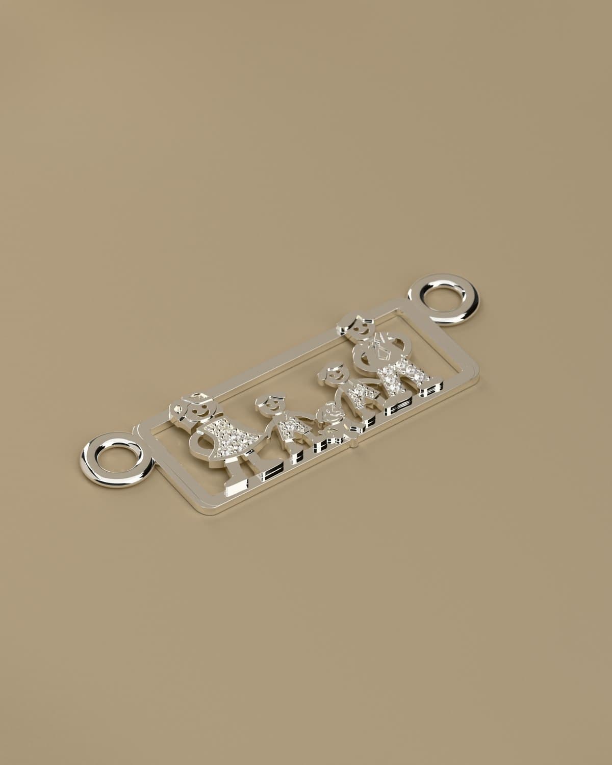 Render de un dije de familia en plata 925: cuatro figuras dentro de un marco con dos argollas, con piedras en pavé