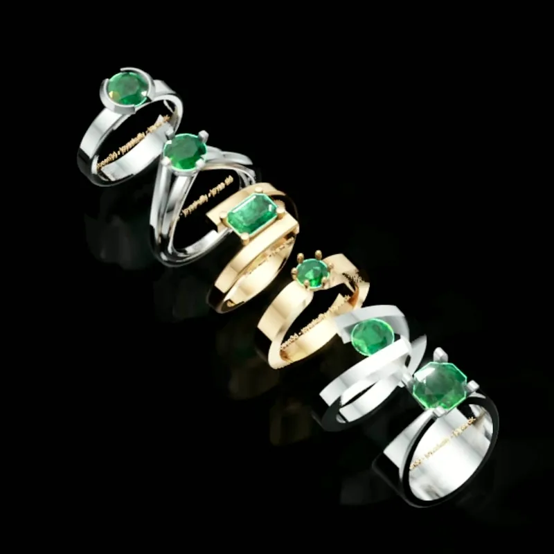 Emerald series rings in yellow gold and white metal, render from the portfolio