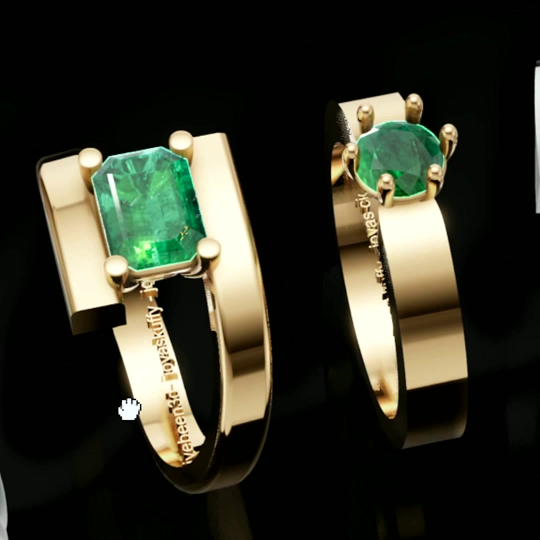 Yellow gold rings with emerald-cut and round emeralds