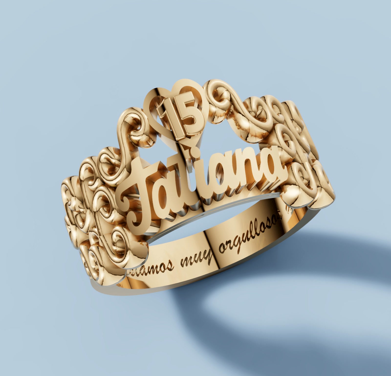 Personalized quinceañera ring with name and scrollwork in yellow gold