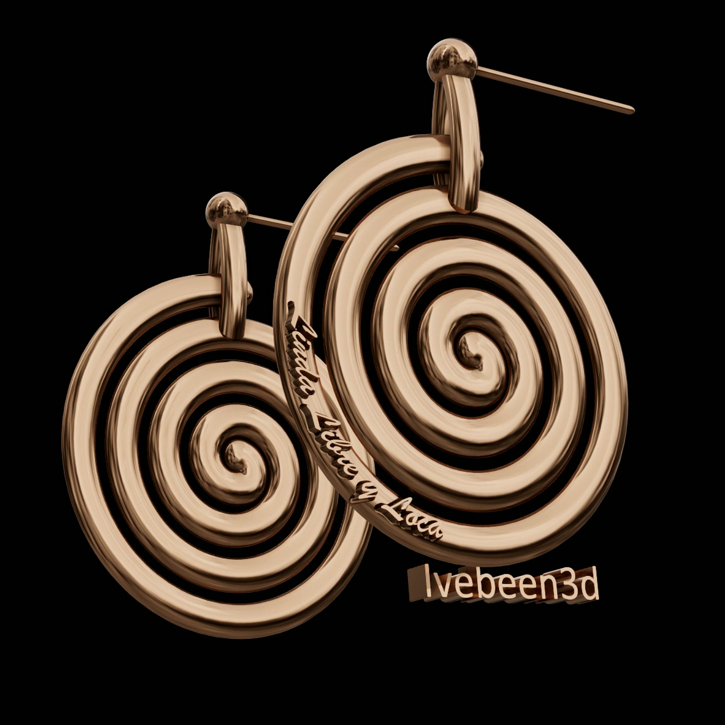 Spiral drop earrings in rose gold with script engraving
