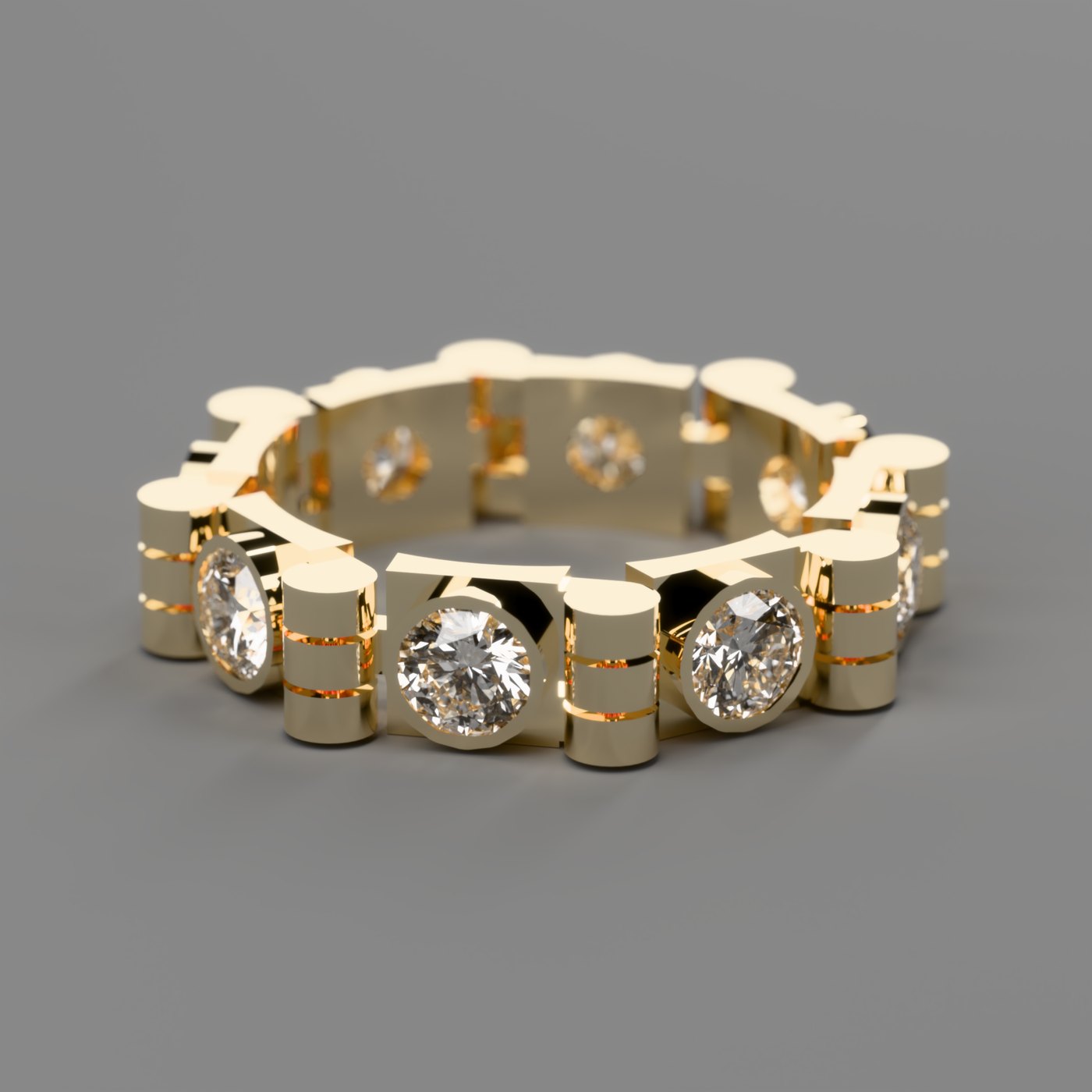 Anillo de eslabones con brillantes redondos engastados en bisel, en oro amarillo de 18 k