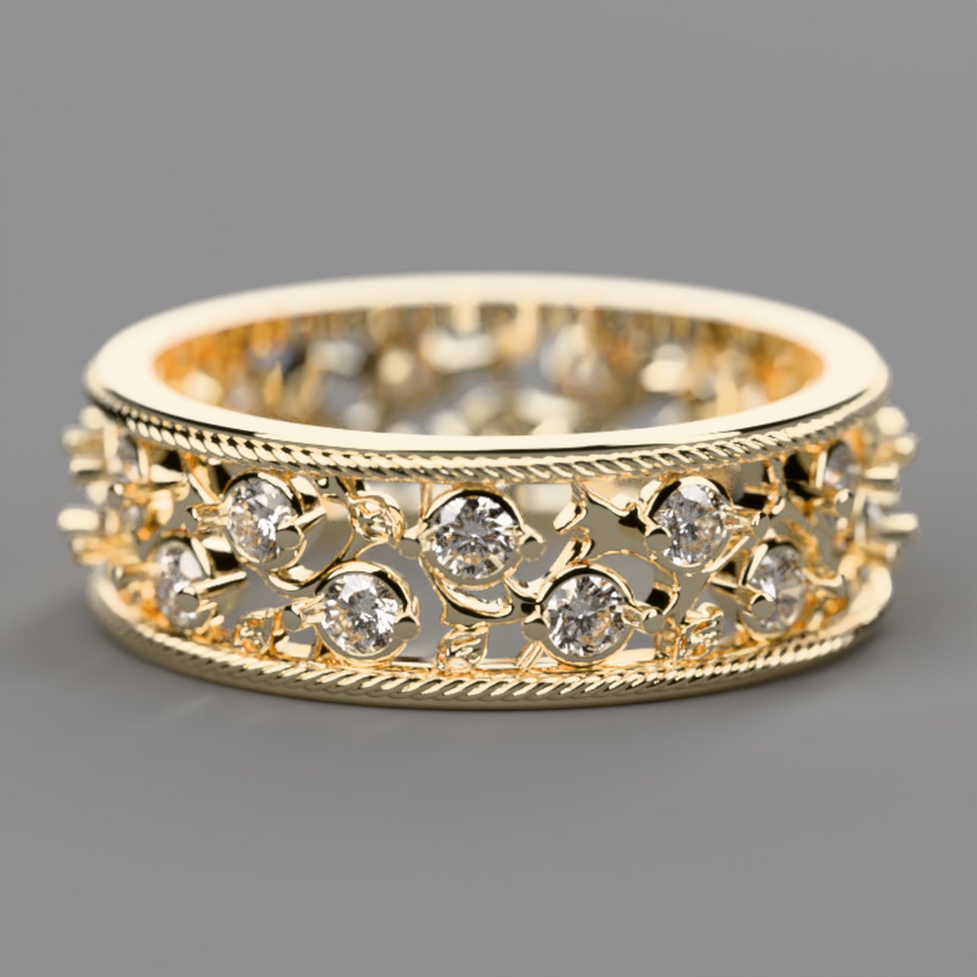 Anillo de eternidad calado con 22 diamantes redondos y bordes de cordón en oro amarillo de 18 k